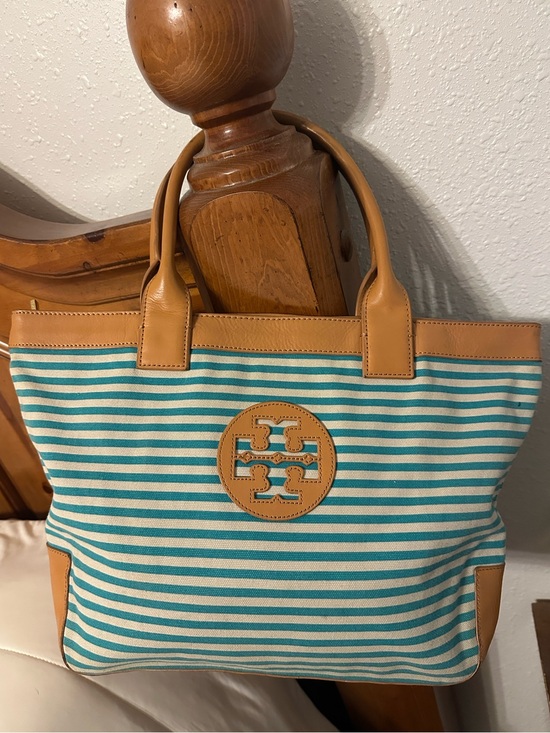 Tory Burch Handbags - Tory Burch Teal and Cream Striped Canvas Small Sophia Tote with Tan Leather Trim